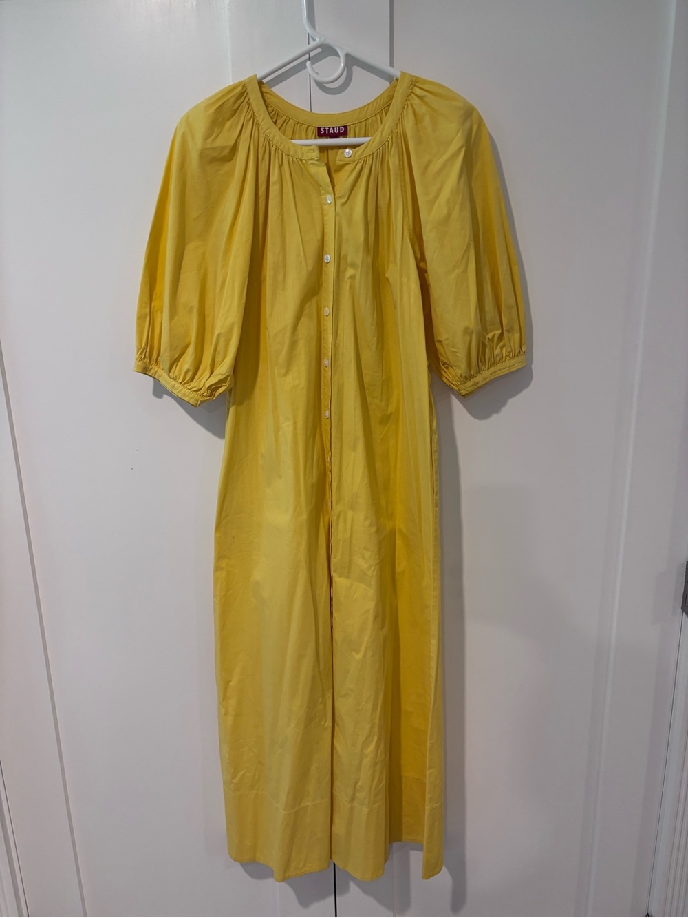 STAUD Bright Yellow Midi Button-Front Puff Sleeve Dress
